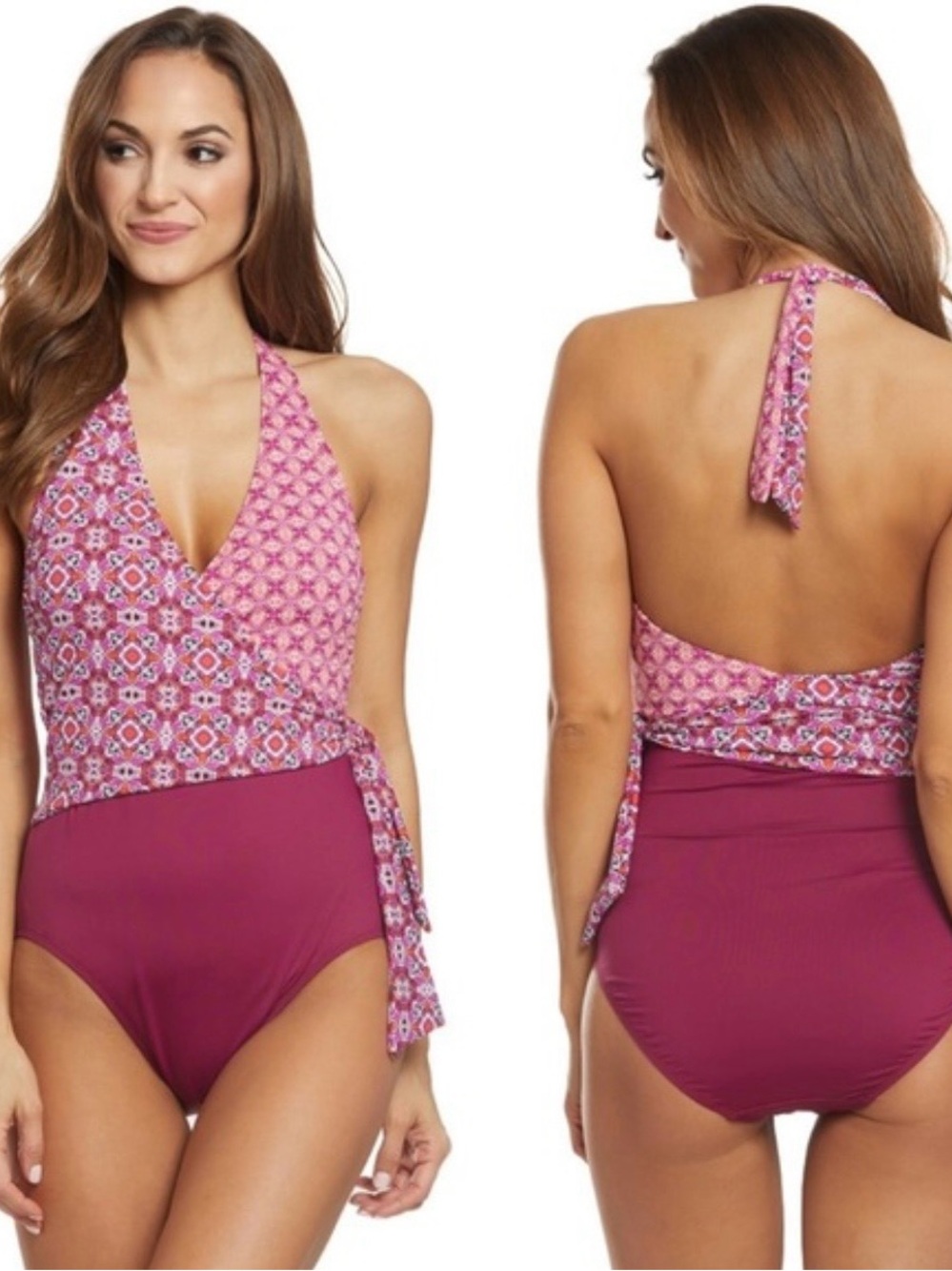 Polo by Ralph Lauren Pink Patterned Halter One-Piece Swimsuit Sz 8